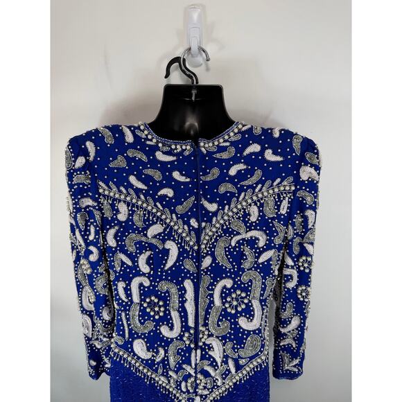 Vintage Silk Cocktail Dress Blue Sequin Beaded Avant Garde - Scala Size Med/Lrg - Picture 13 of 16